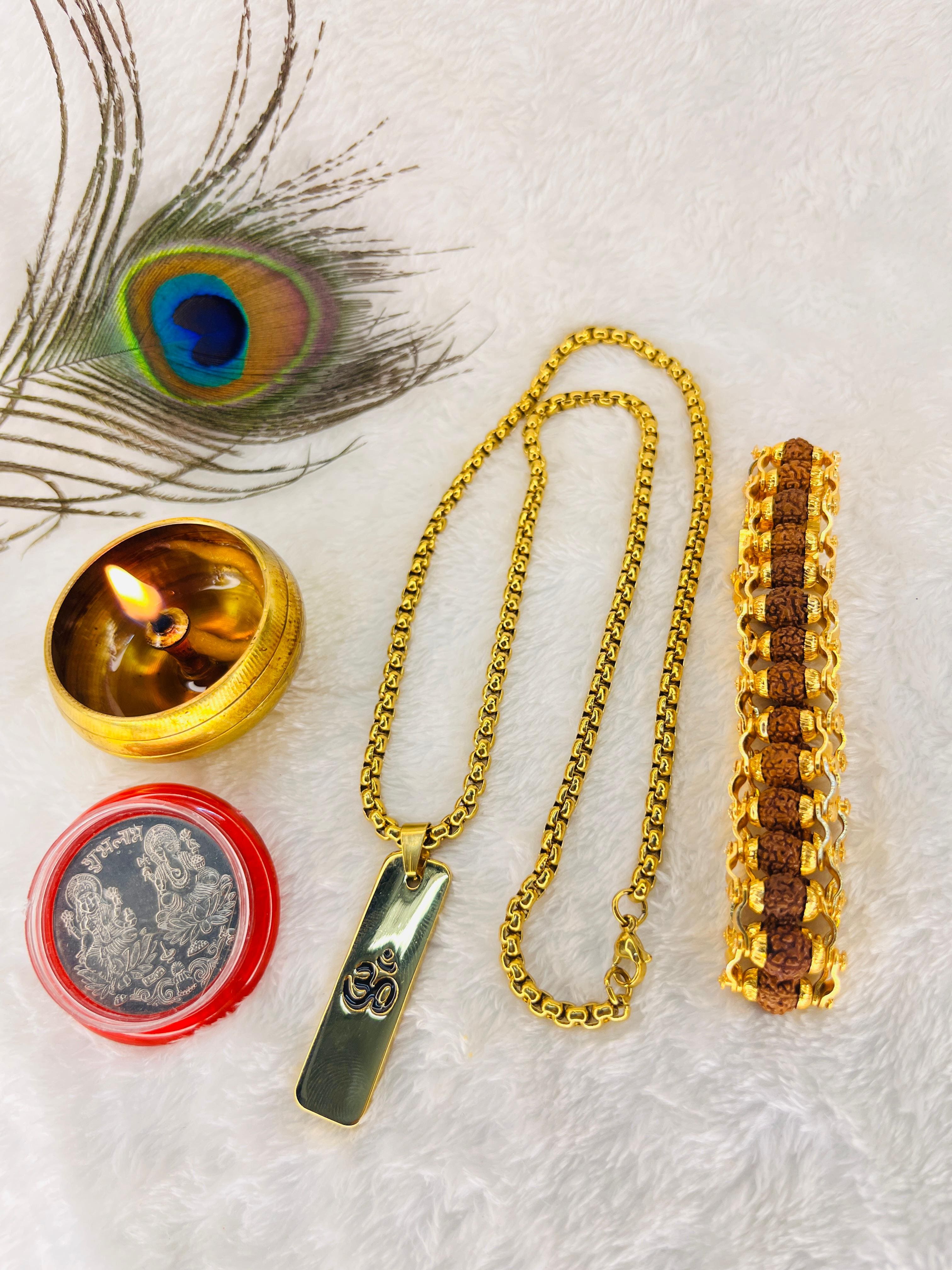 Divine Harmony Combo – Gold-Plated OM Pendant & Rudraksha Bracelet + Mystery Gift! 🎁✨