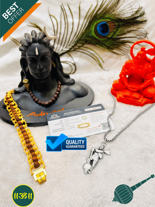 Hanumanji With Gada Silver Pendant Chain + Modern 5 Mukhi Rudraksha Bracelet Combo + Mysterious🎁Gift