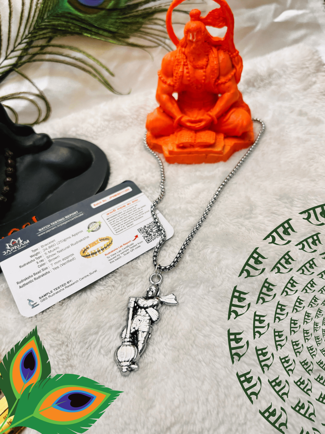 Hanumanji With Gada Silver Pendant Chain + Modern 5 Mukhi Rudraksha Bracelet Combo + Mysterious🎁Gift