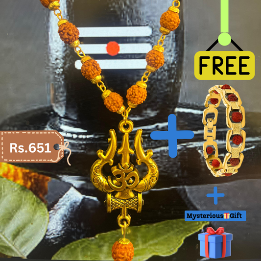 Golden Plated Mahadev Om Trisul Rudraksha Necklace/Mala +Mysterious🎁Gift