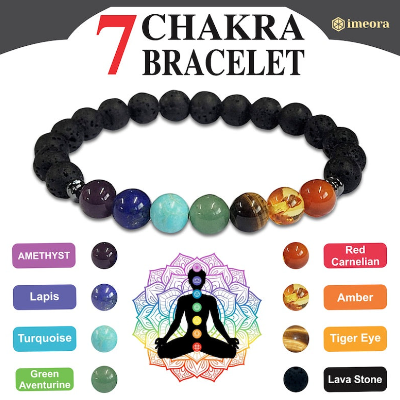 🌈 7 Chakra Lava Stone Crystal Bracelet + 🎁 Free Laxmi Silver Plated Coin! 🖤✨