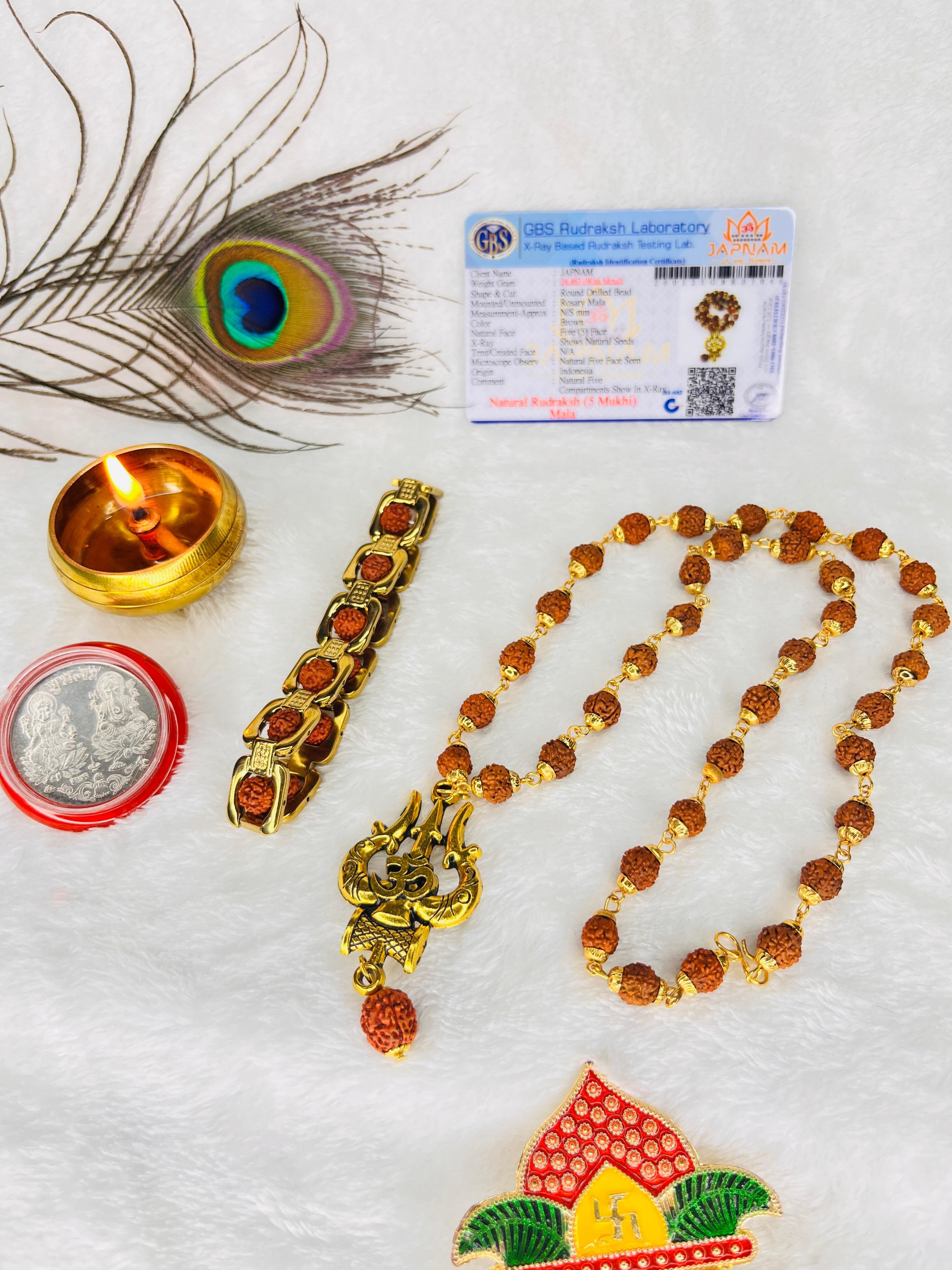 (1 +1+Gift) Golden Plated Om Trishul Rudraksha Mala with Elegant Rudraksha Bracelet & 🎁 Surprise Gift!