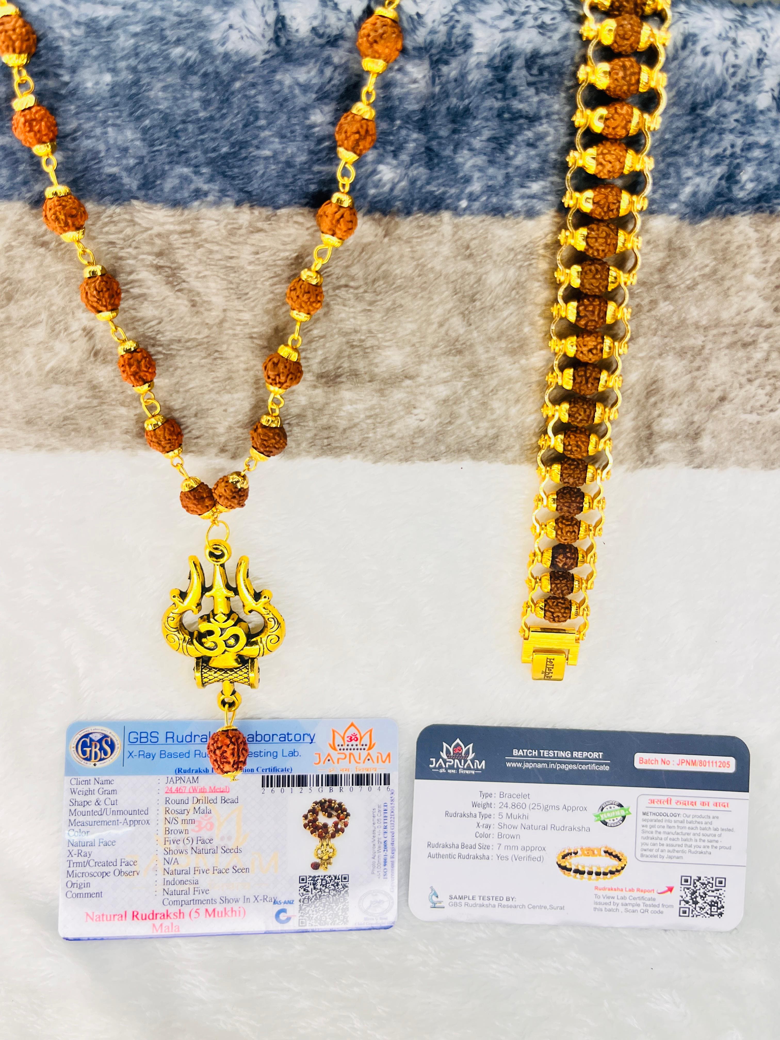 Trishool Mala + Original Natural Rudraksha Bracelet (5 Mukhi) Combo (Lab Tested) + Mysterious🎁Gift