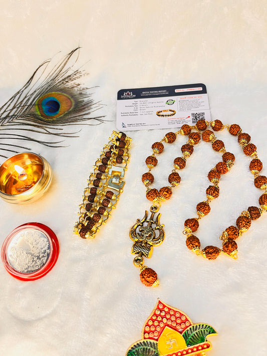 Trishool Mala + Original Natural Rudraksha Bracelet (5 Mukhi) Combo (Lab Tested) + Mysterious🎁Gift